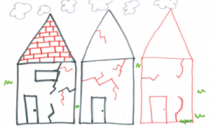 tekening van een huis met aardbevingsschade getekend door een kind