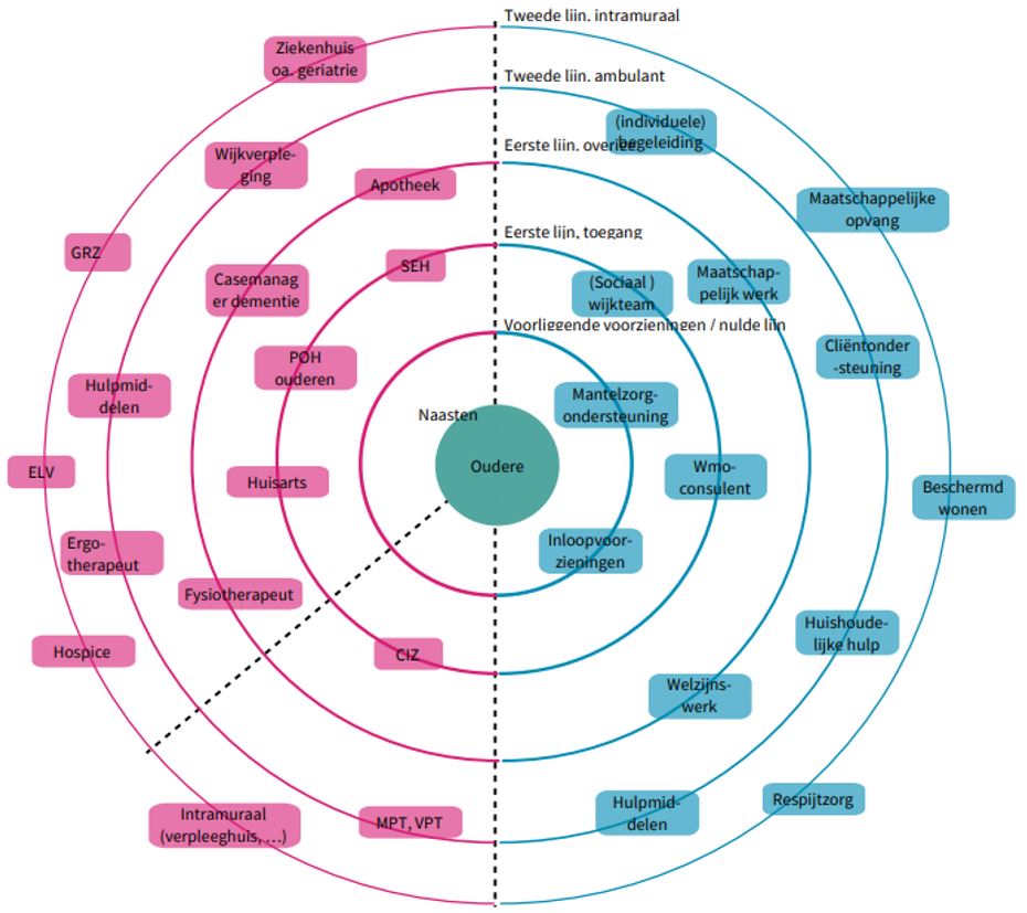 Cirkeldiagram met betrokken partijen bij zorg voor ouderen van naasten tot 2e lijns intramuraal, bron Menzis